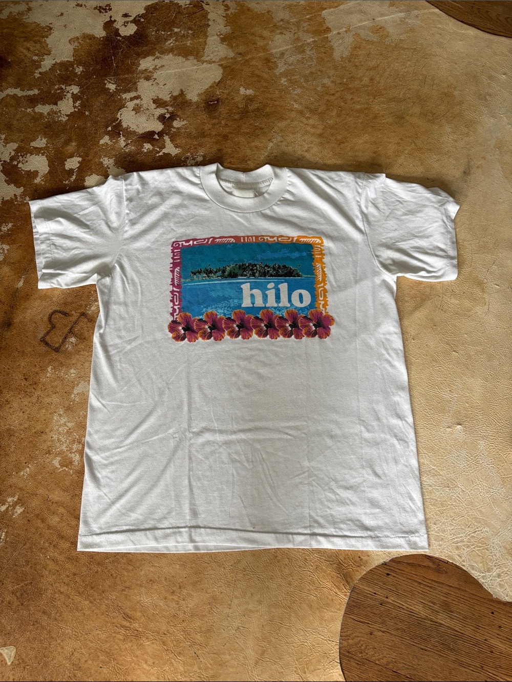 Vintage 80’s Surf T‑Shirt - White with Blue and Pink Print. Single stitch